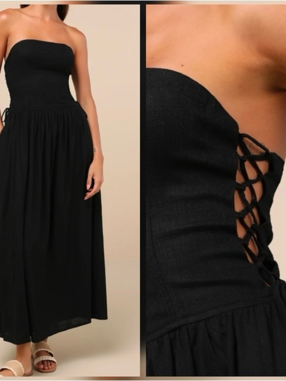 Strapless, black maxi dress with tie up sides